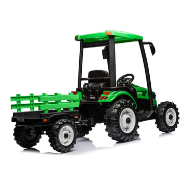 24V Kids Ride On Tractor With Trailer, Battery Powered Electric Vehicle Toy With 3 Gear Shift Ground Loader, Treaded Tires, Led Lights, Safety Belt, Kids Ride On Car Green Green Plastic