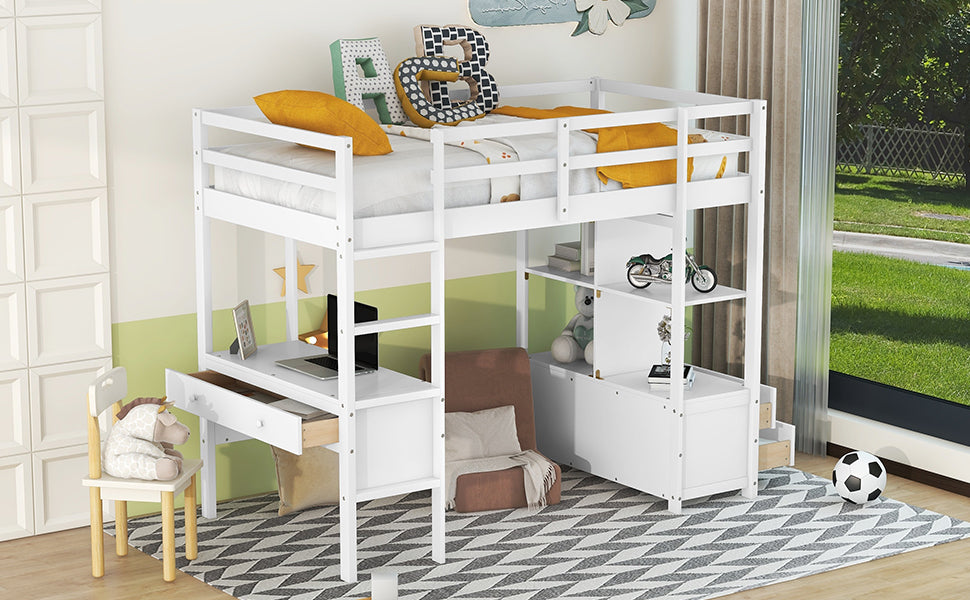 Twin Size Loft Bed With Built In Desk With Two Drawers, And Storage Shelves And Drawers,White Box Spring Not Required Twin White Wood Bedroom Bed Frame Solid Wood Mdf Pine