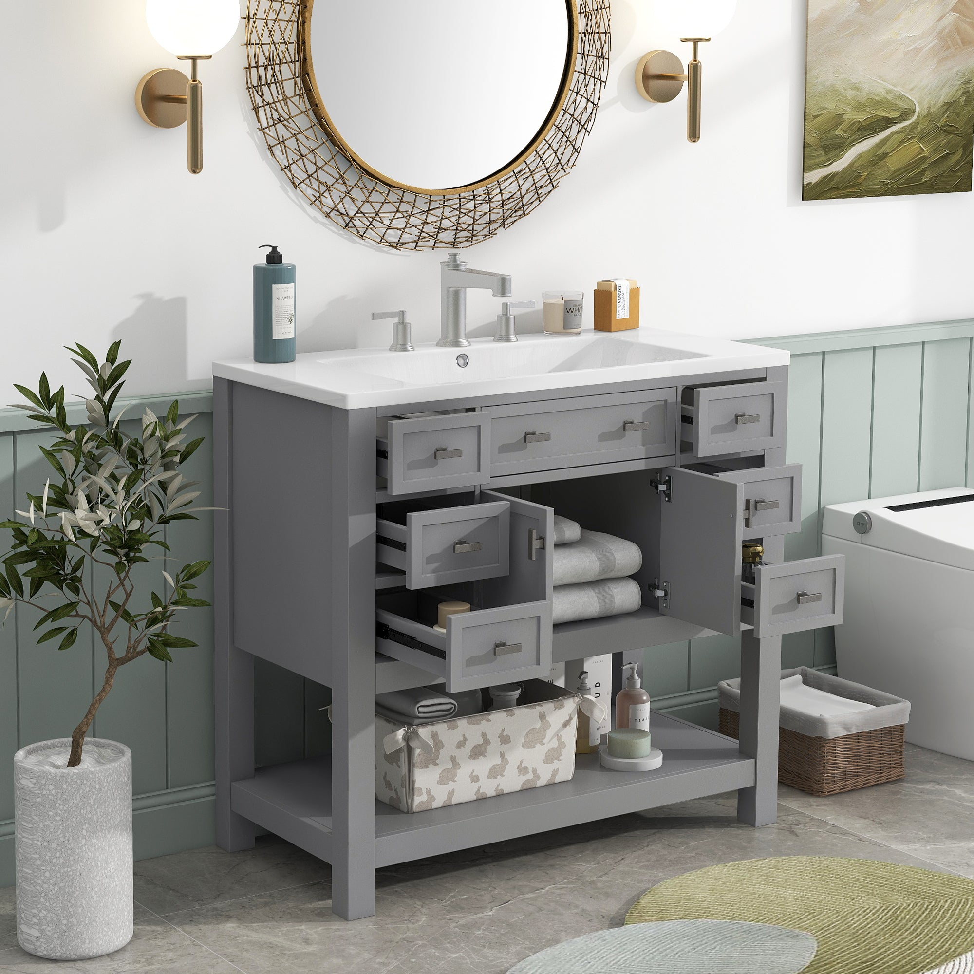 36'' Bathroom Vanity With Top Sink, Modern Bathroom Storage Cabinet With 2 Soft Closing Doors And 6 Drawers, Single Sink Bathroom Vanity 4 Grey 2 1 Soft Close Doors Freestanding Mdf Painted