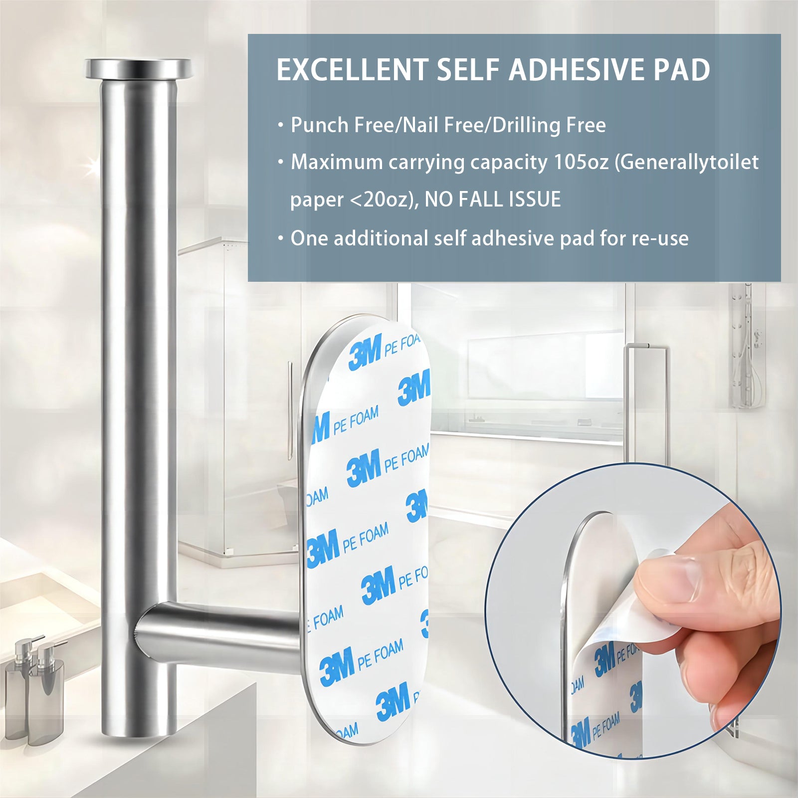 Toilet Paper Holder Self Adhesive, Stainless Steel Rustproof Adhesive Toilet Roll Holder No Drilling Brushed Nickel Stainless Steel