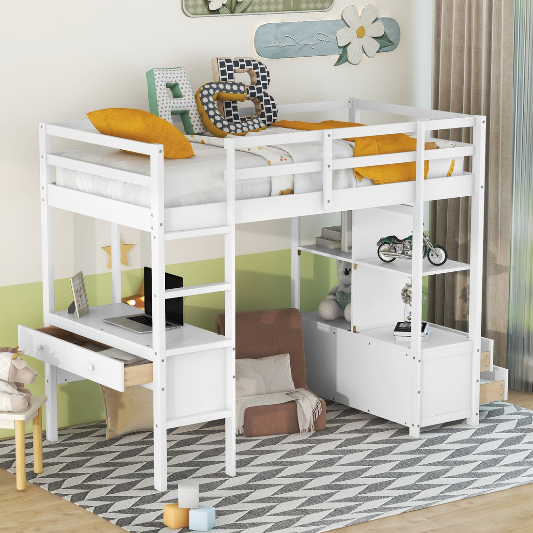 Twin Size Loft Bed With Built In Desk With Two Drawers, And Storage Shelves And Drawers,White Box Spring Not Required Twin White Wood Bedroom Bed Frame Solid Wood Mdf Pine