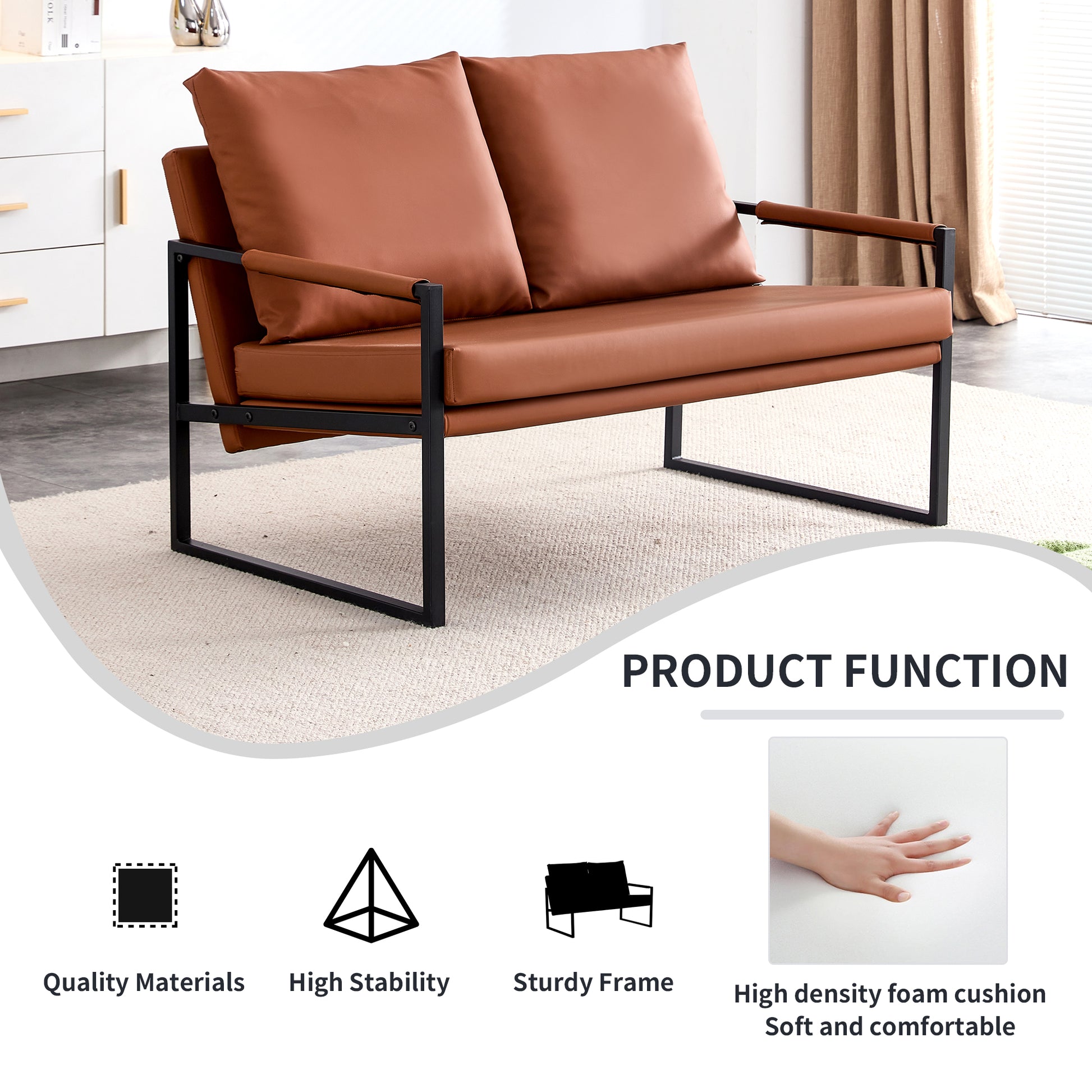 Modern Two Seater Sofa Chair With 2 Pillows Pu Leather, High Density Foam, Black Coated Metal Frame.Brownsf D008 Br Brown Pu