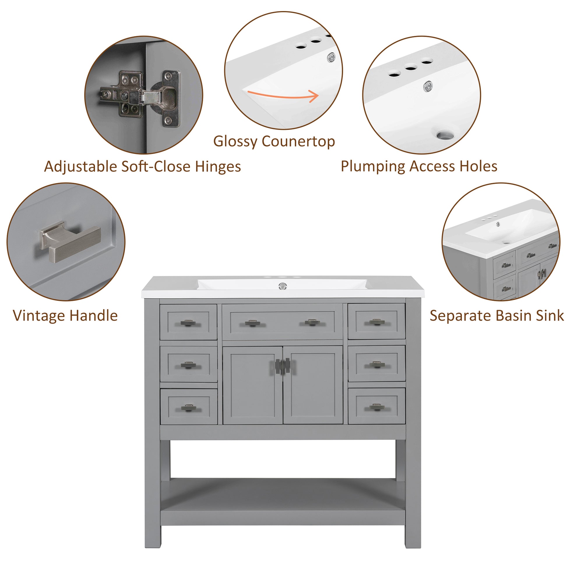 36'' Bathroom Vanity With Top Sink, Modern Bathroom Storage Cabinet With 2 Soft Closing Doors And 6 Drawers, Single Sink Bathroom Vanity 4 Grey 2 1 Soft Close Doors Freestanding Mdf Painted