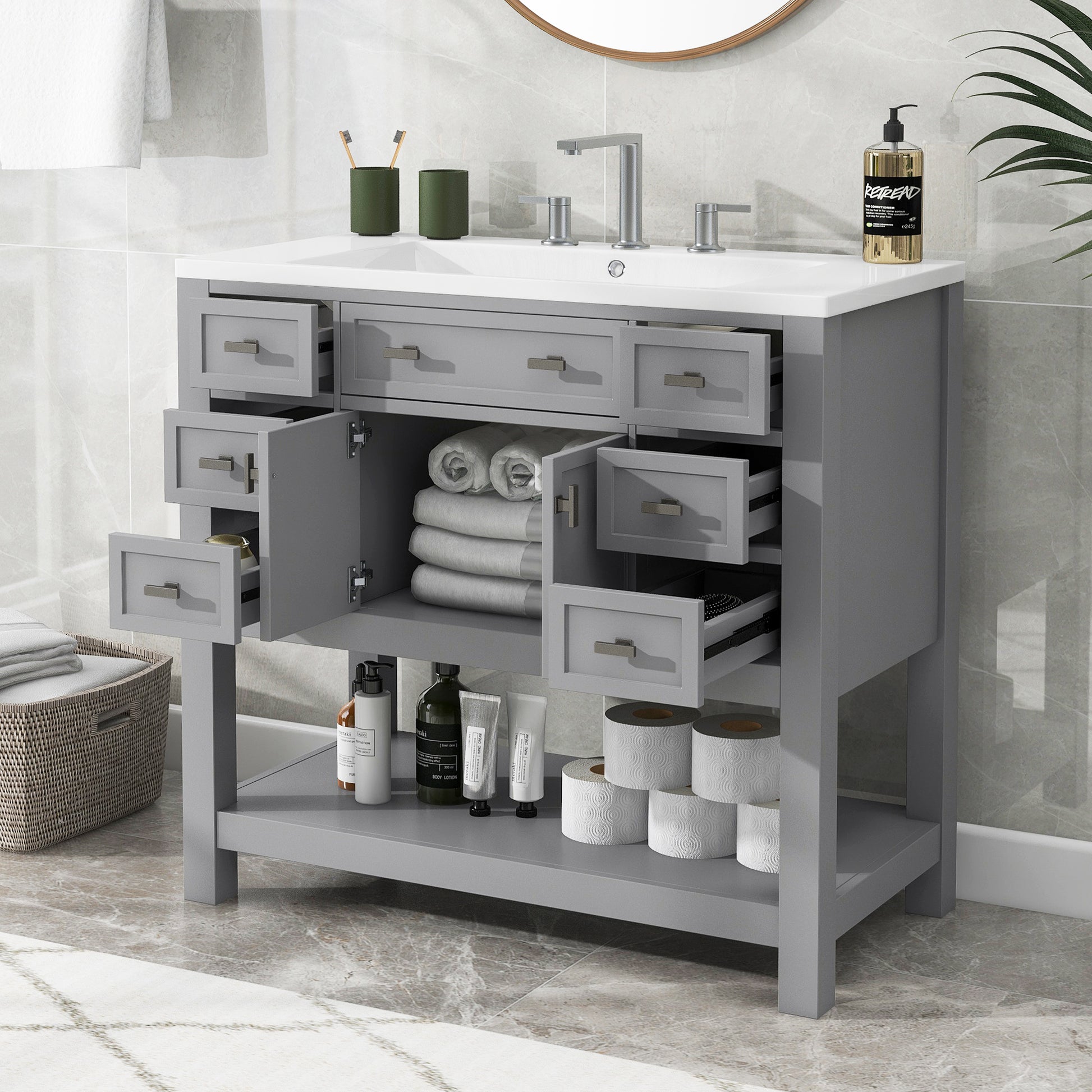 36'' Bathroom Vanity With Top Sink, Modern Bathroom Storage Cabinet With 2 Soft Closing Doors And 6 Drawers, Single Sink Bathroom Vanity 4 Grey 2 1 Soft Close Doors Freestanding Mdf Painted