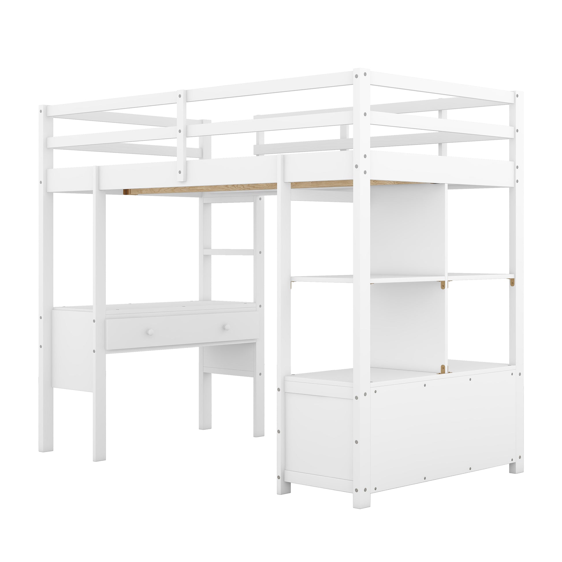 Twin Size Loft Bed With Built In Desk With Two Drawers, And Storage Shelves And Drawers,White Box Spring Not Required Twin White Wood Bedroom Bed Frame Solid Wood Mdf Pine