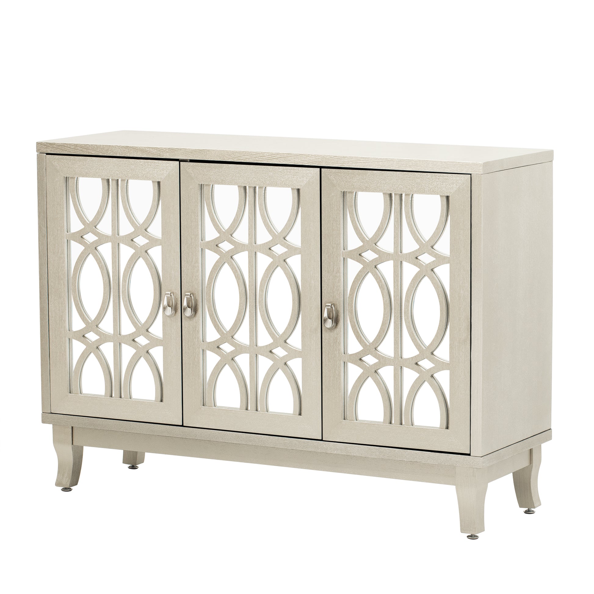 Sideboard With Glass Doors, 3 Door Mirrored Buffet Cabinet With Silver Handle For Living Room, Hallway, Dining Room Champagne Gold Champagne Mdf