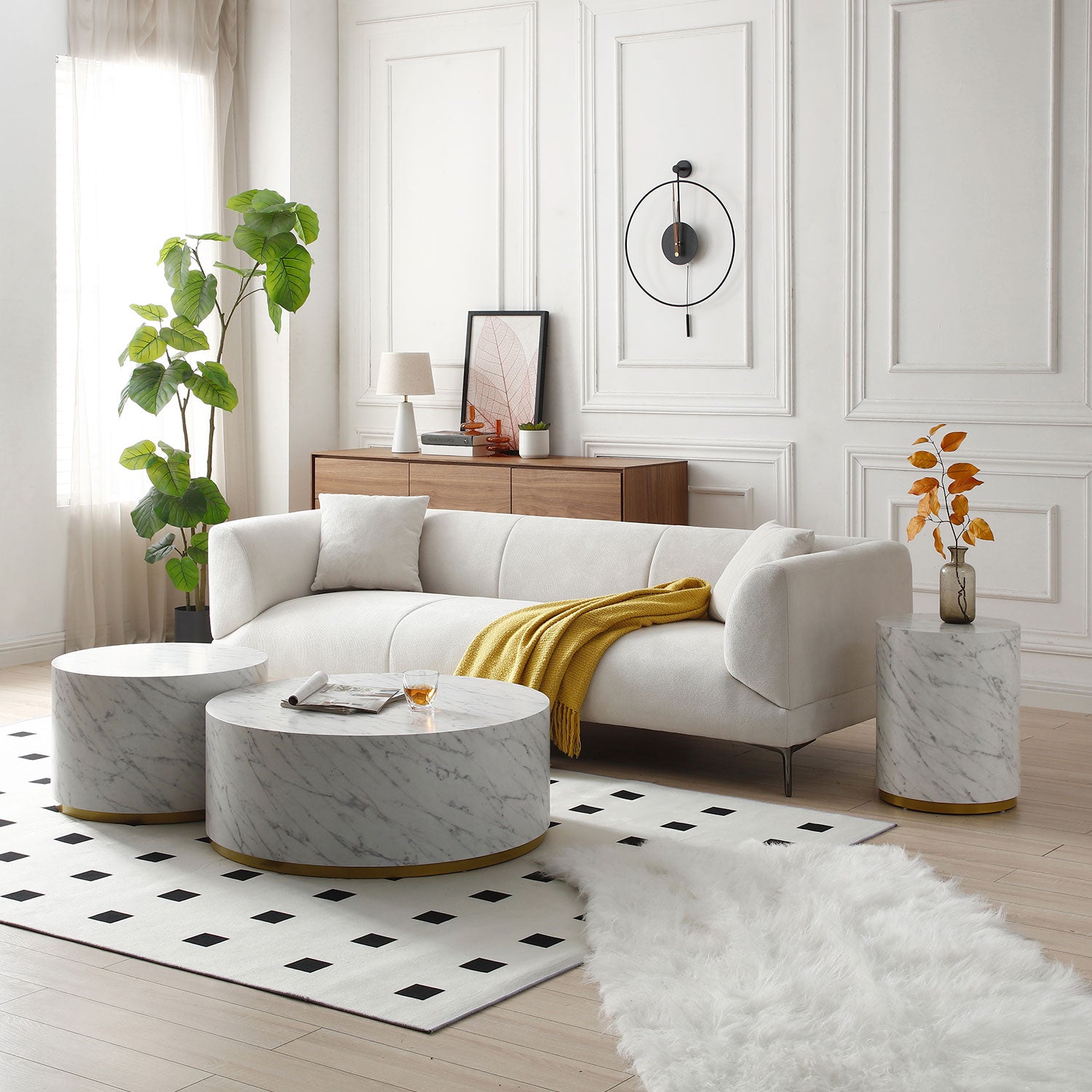 Faux Marble Coffee Tables For Living Room, 35.43Inch Accent Tea Tables With Gold Metal Base White White Mdf