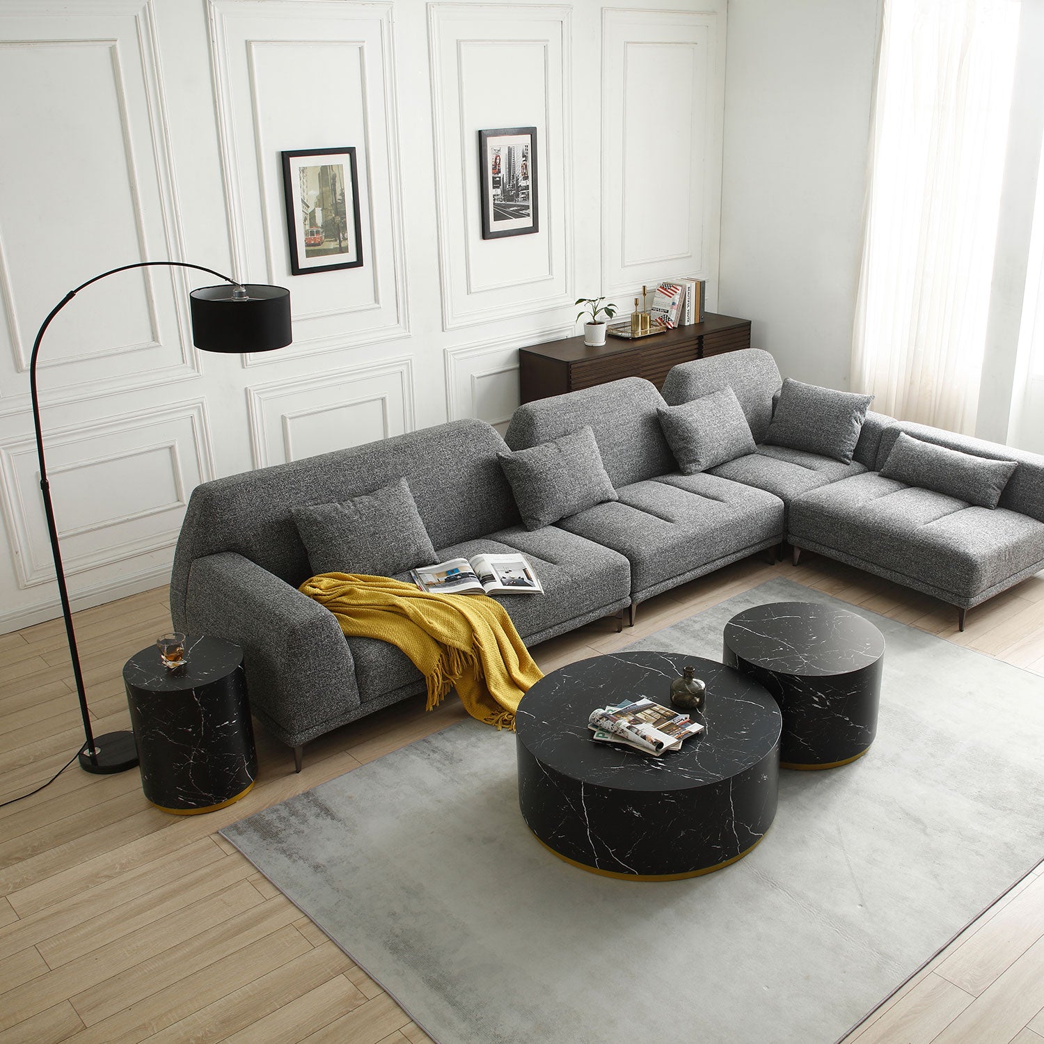 Modern Faux Marble Coffee Tables For Living Room, 35.43Inch Accent Tea Tables With Gold Metal Base Black Black Mdf