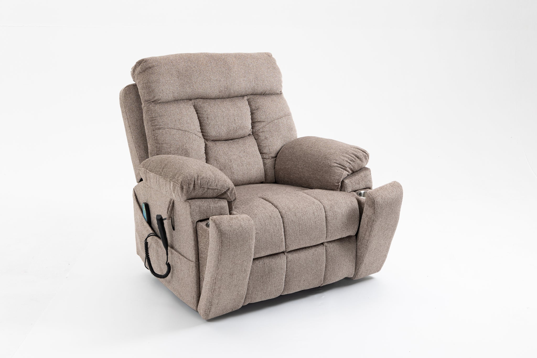 Old Age Electric Lift Chair, Flat High Density Foam Electric Sofa, With Heating And Massage Functions, Can Tilt To 180 Degrees, 2 Pocket Cup Holders, 2 Remote Controls, Dual Okin Motors Light Brown Cotton Chenille