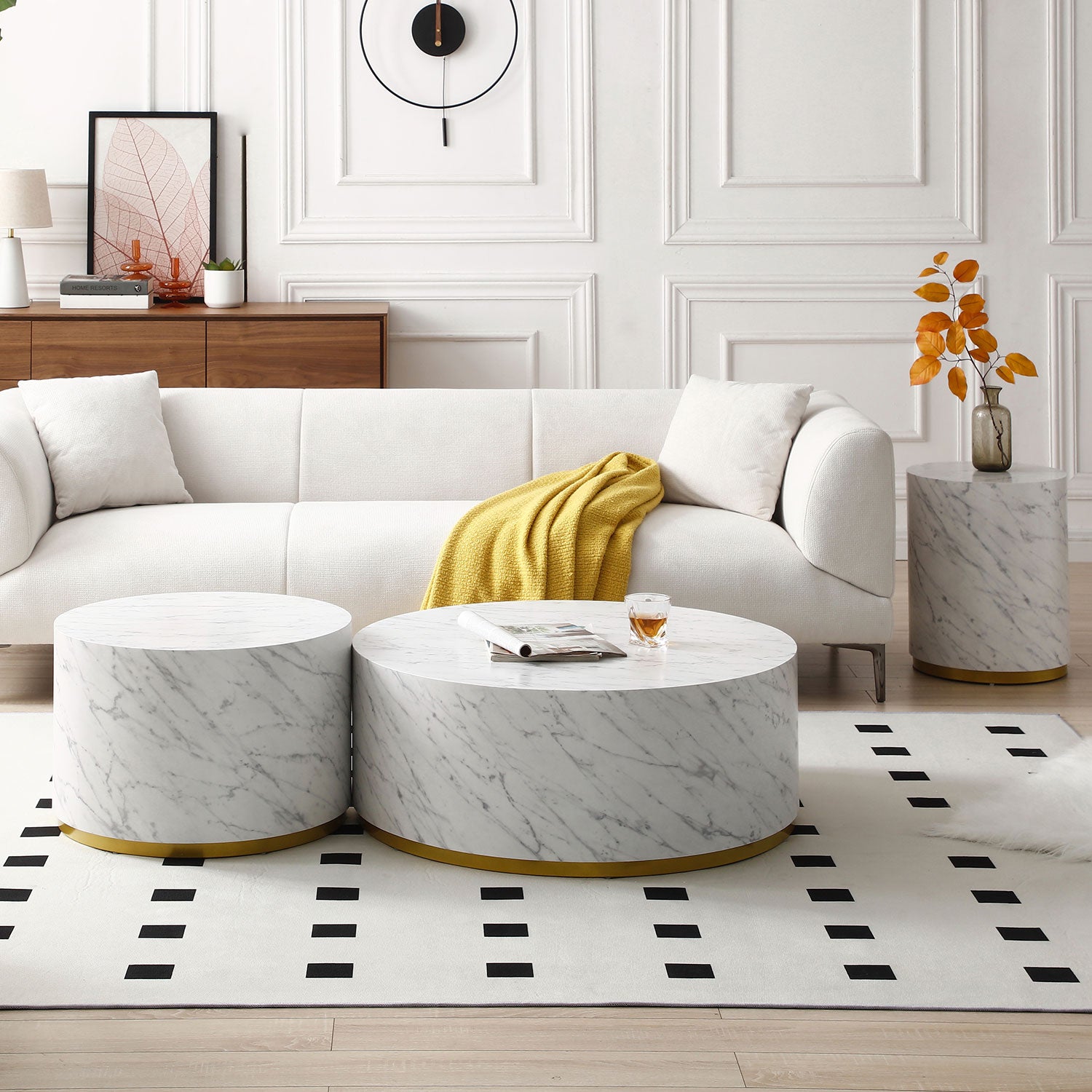 Faux Marble Coffee Tables For Living Room, 35.43Inch Accent Tea Tables With Gold Metal Base White White Mdf