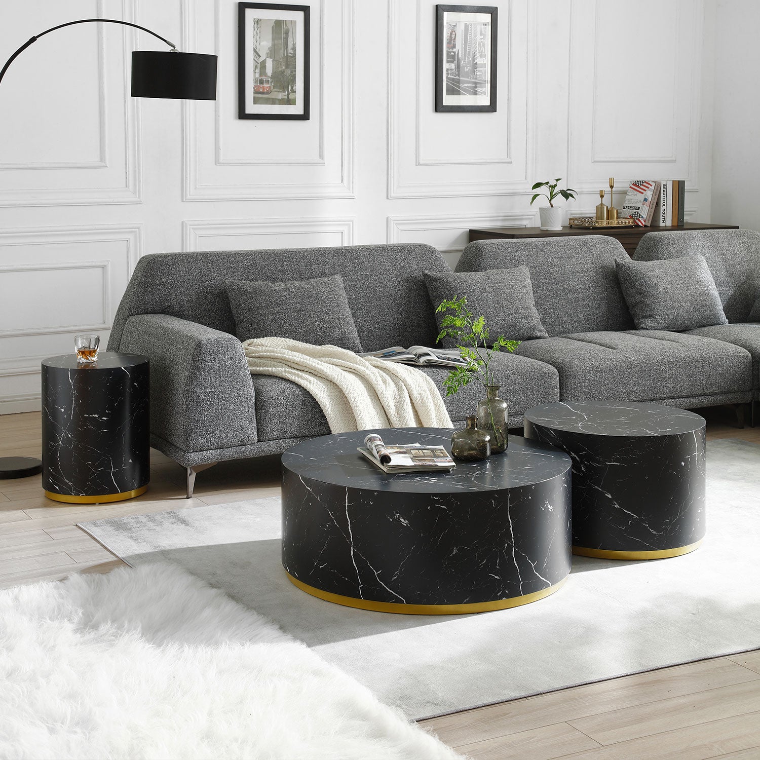 Modern Faux Marble Coffee Tables For Living Room, 35.43Inch Accent Tea Tables With Gold Metal Base Black Black Mdf