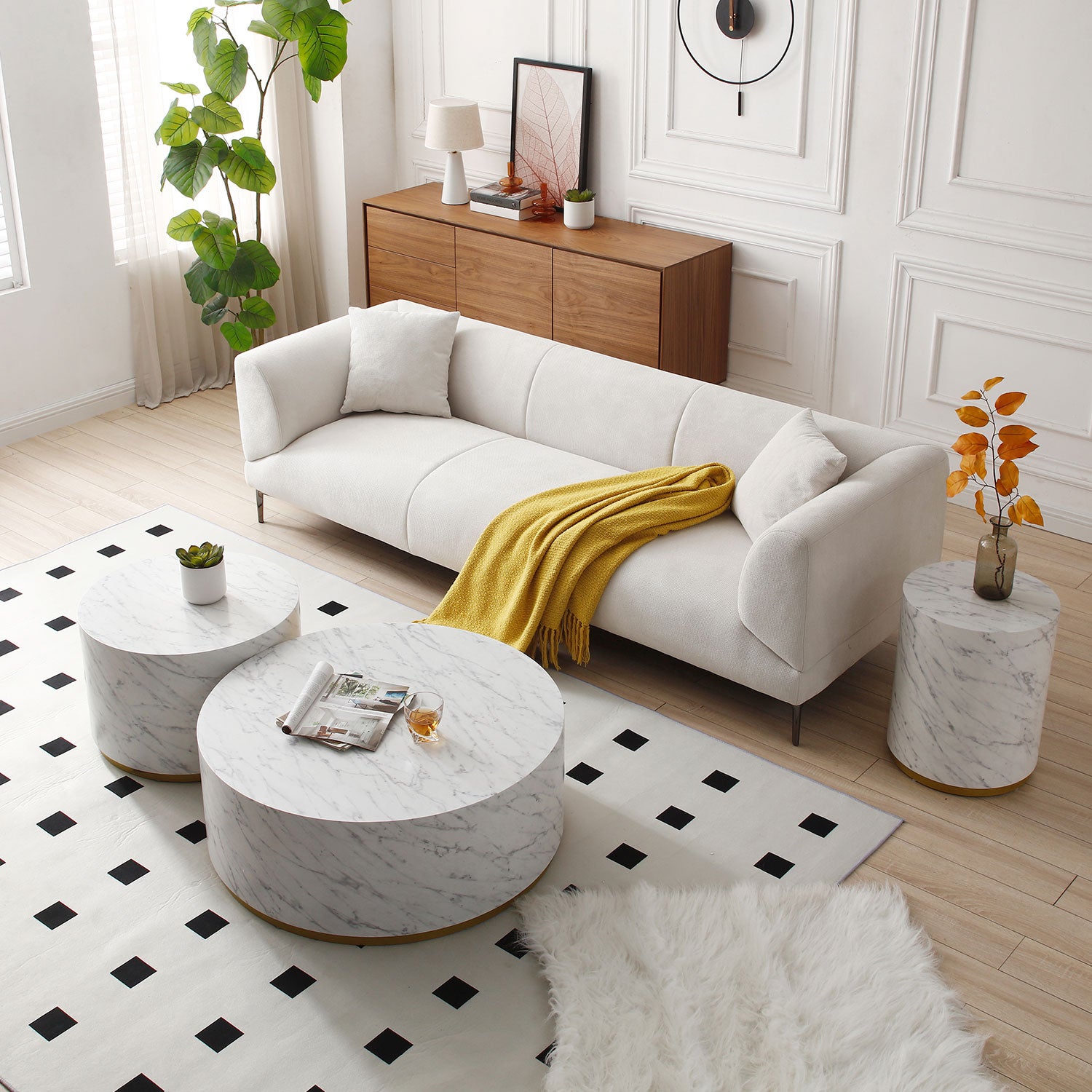 Set Of 3 White Marble Pattern Round Coffee Table Side Table End Table Set For Living Room Fully Assembled White Mdf