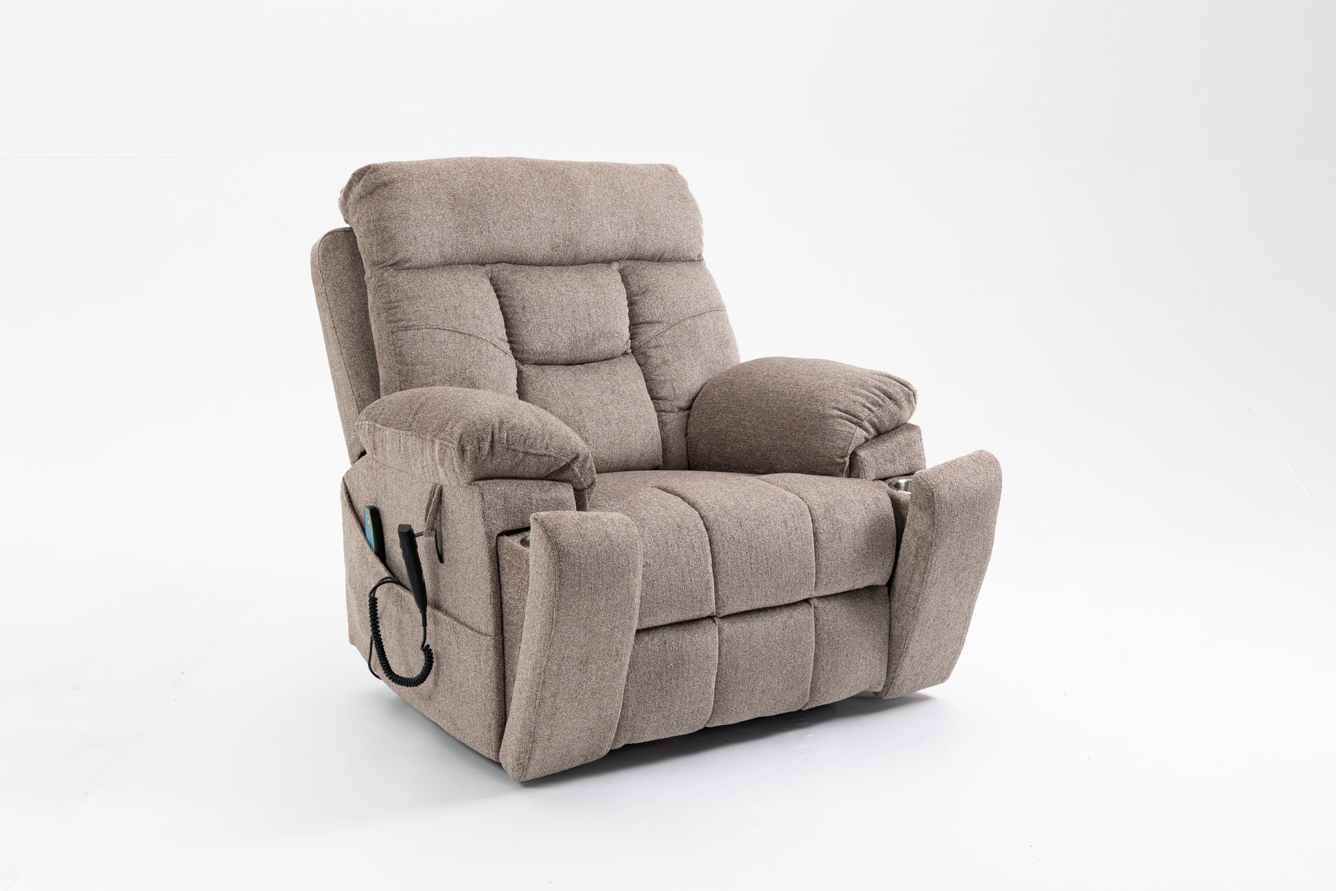 Old Age Electric Lift Chair, Flat High Density Foam Electric Sofa, With Heating And Massage Functions, Can Tilt To 180 Degrees, 2 Pocket Cup Holders, 2 Remote Controls, Dual Okin Motors Light Brown Cotton Chenille