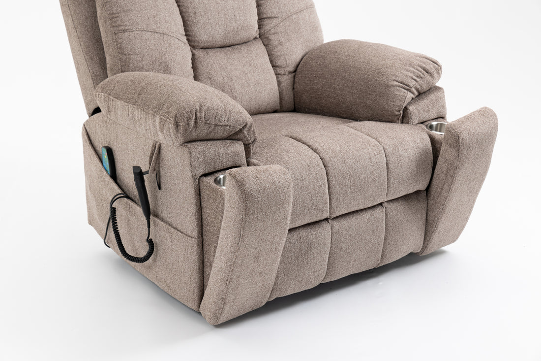 Old Age Electric Lift Chair, Flat High Density Foam Electric Sofa, With Heating And Massage Functions, Can Tilt To 180 Degrees, 2 Pocket Cup Holders, 2 Remote Controls, Dual Okin Motors Light Brown Cotton Chenille