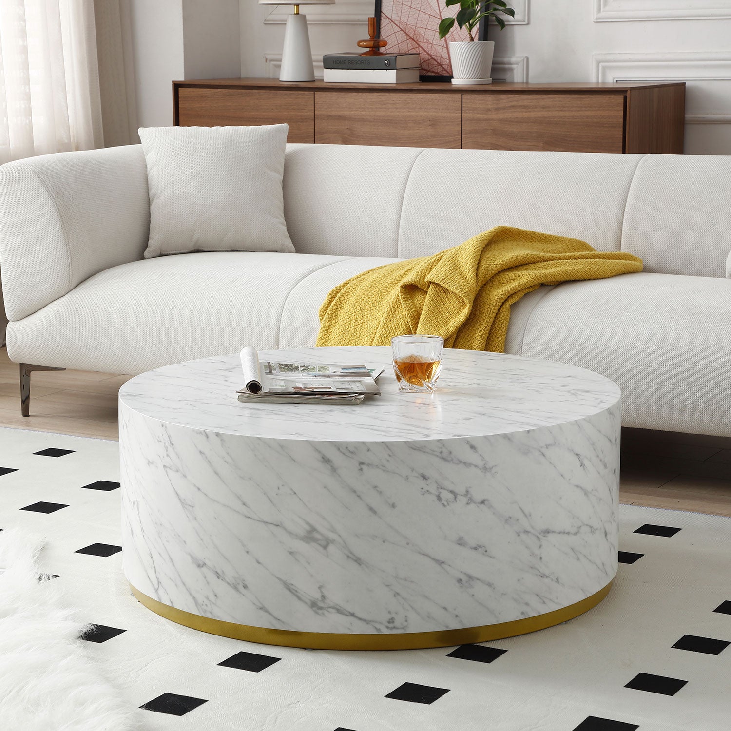 Faux Marble Coffee Tables For Living Room, 35.43Inch Accent Tea Tables With Gold Metal Base White White Mdf