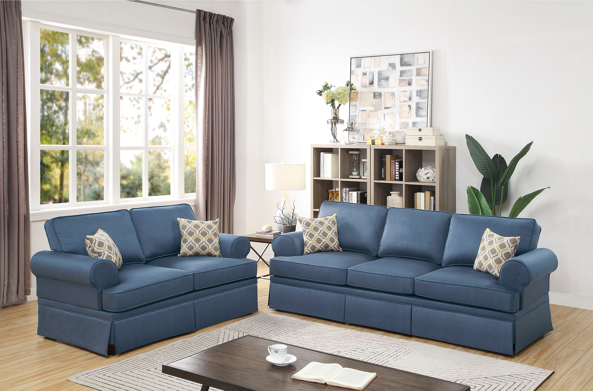 2 Pcs Sofa Set In Blue Blue Fabric