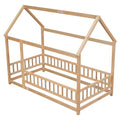 Twin Size Floor Wooden Bed With House Roof Frame, Fence Guardrails, Old Sku:W504105240 Twin Natural Pine