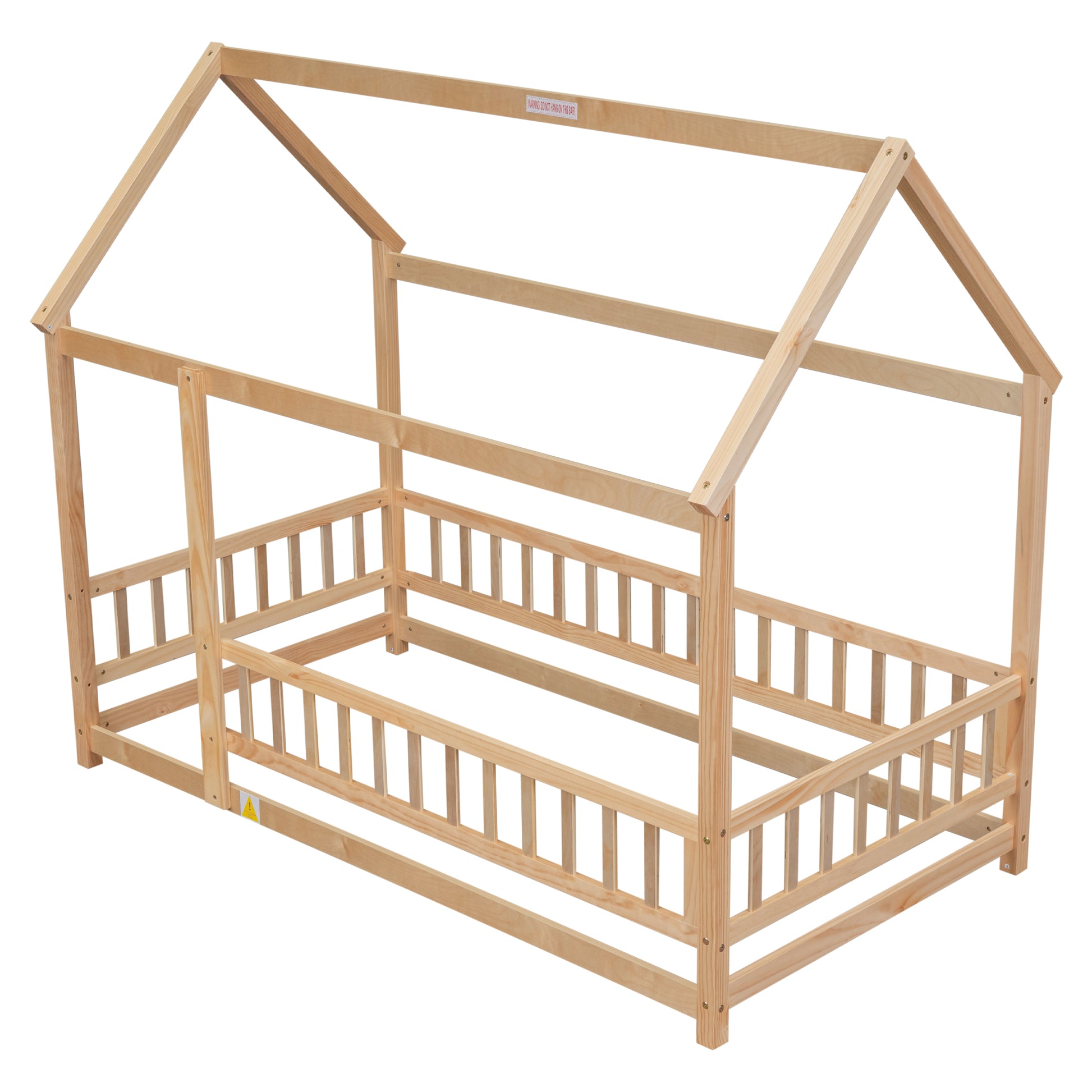 Twin Size Floor Wooden Bed With House Roof Frame, Fence Guardrails, Old Sku:W504105240 Twin Natural Pine