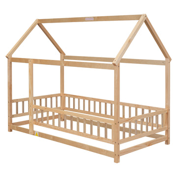 Twin Size Floor Wooden Bed With House Roof Frame, Fence Guardrails, Old Sku:W504105240 Twin Natural Pine