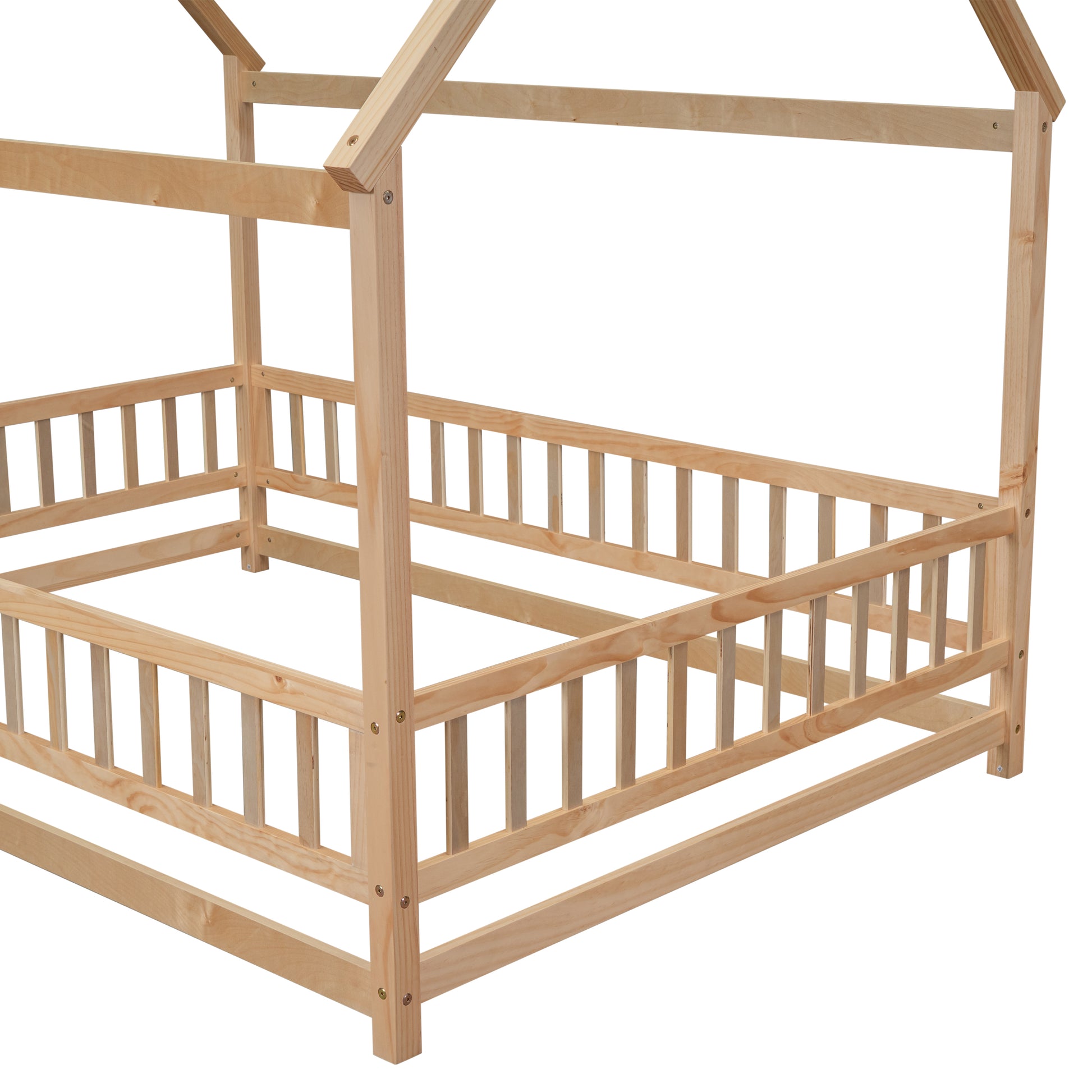 Full Size Floor Wooden Bed With House Roof Frame, Fence Guardrails ,Nartural Old Sku:W504105242 Full Natural Pine