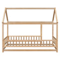 Twin Size Floor Wooden Bed With House Roof Frame, Fence Guardrails, Old Sku:W504105240 Twin Natural Pine