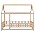 Twin Size Floor Wooden Bed With House Roof Frame, Fence Guardrails, Old Sku:W504105240 Twin Natural Pine