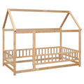 Twin Size Floor Wooden Bed With House Roof Frame, Fence Guardrails, Old Sku:W504105240 Twin Natural Pine