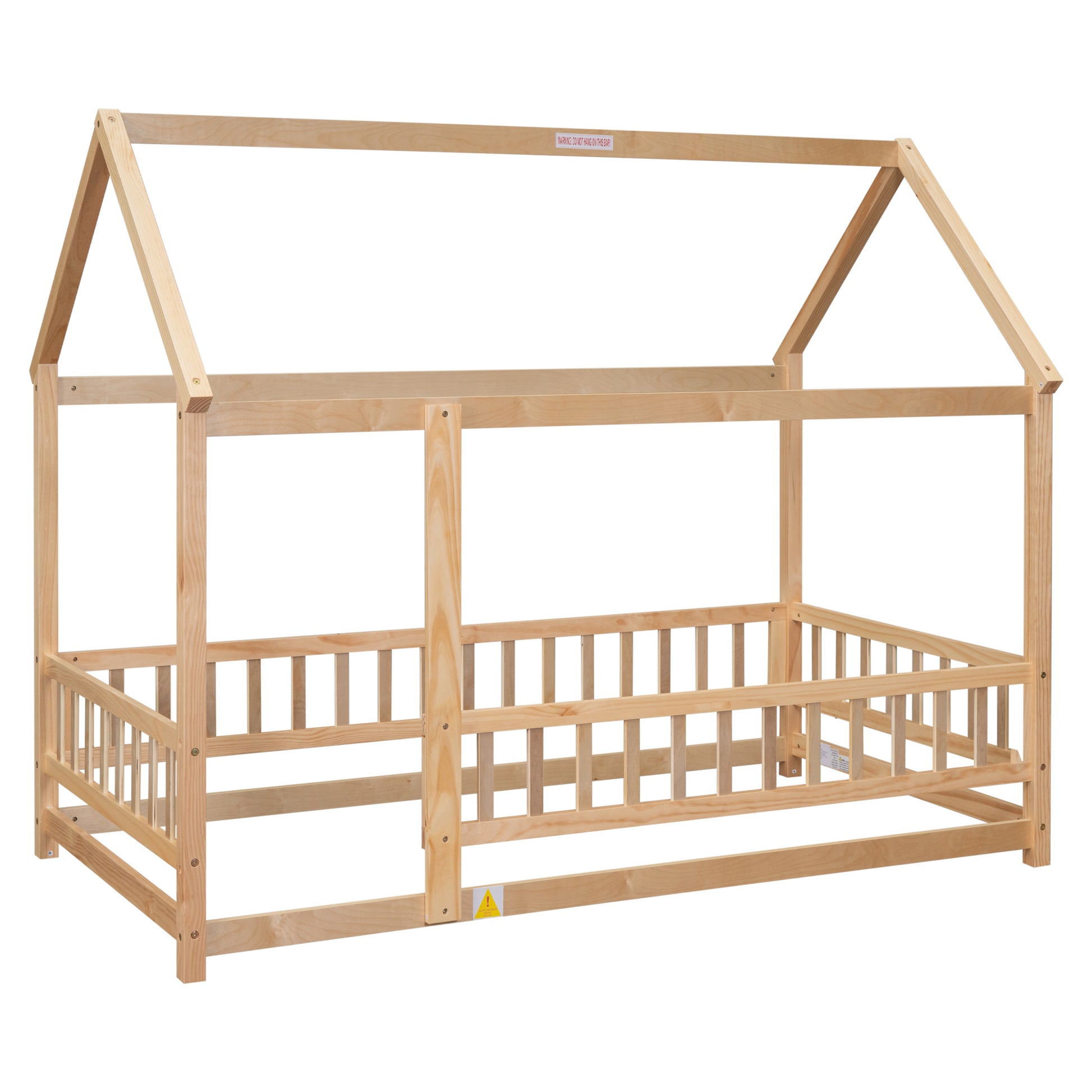 Twin Size Floor Wooden Bed With House Roof Frame, Fence Guardrails, Old Sku:W504105240 Twin Natural Pine