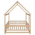 Full Size Floor Wooden Bed With House Roof Frame, Fence Guardrails ,Nartural Old Sku:W504105242 Full Natural Pine