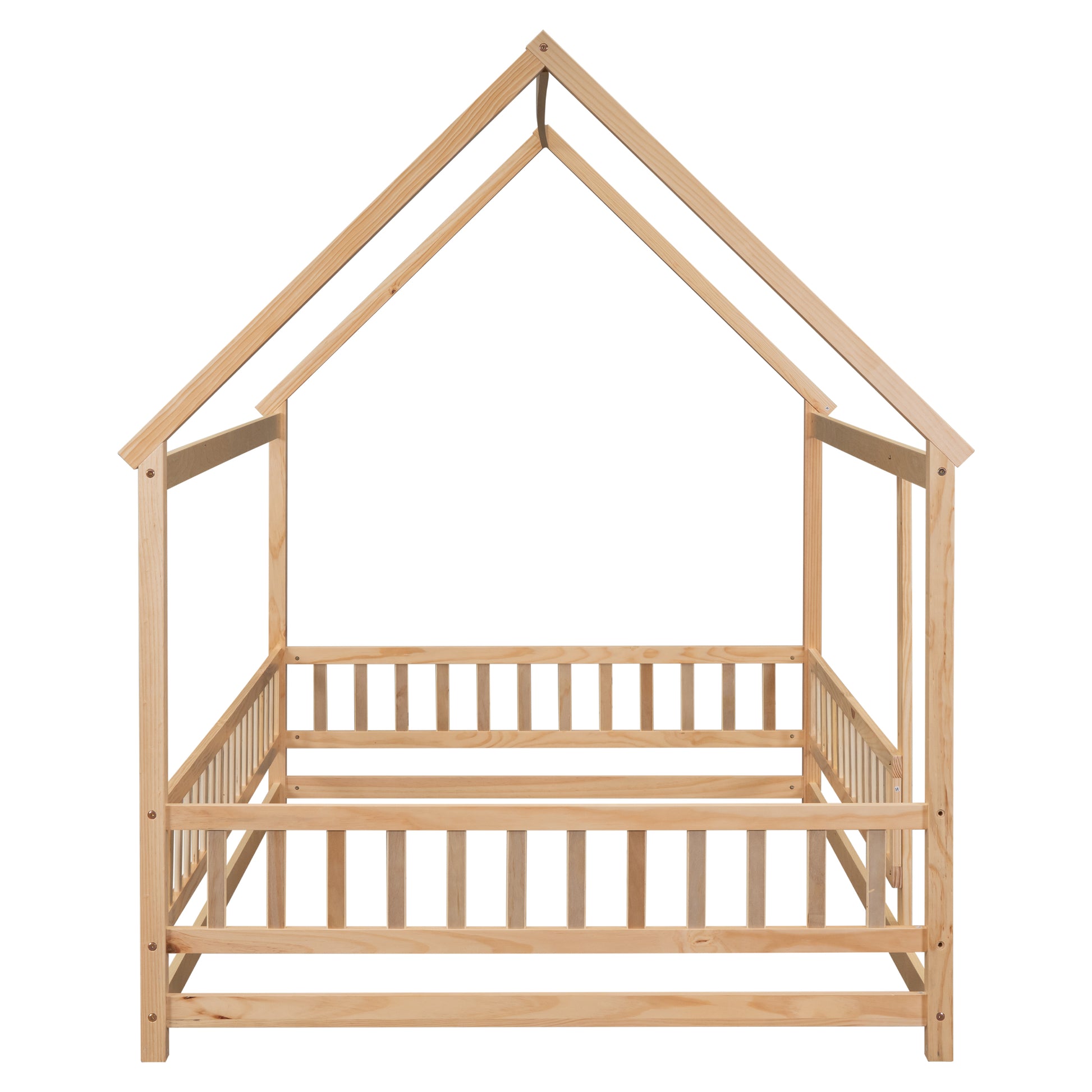 Full Size Floor Wooden Bed With House Roof Frame, Fence Guardrails ,Nartural Old Sku:W504105242 Full Natural Pine