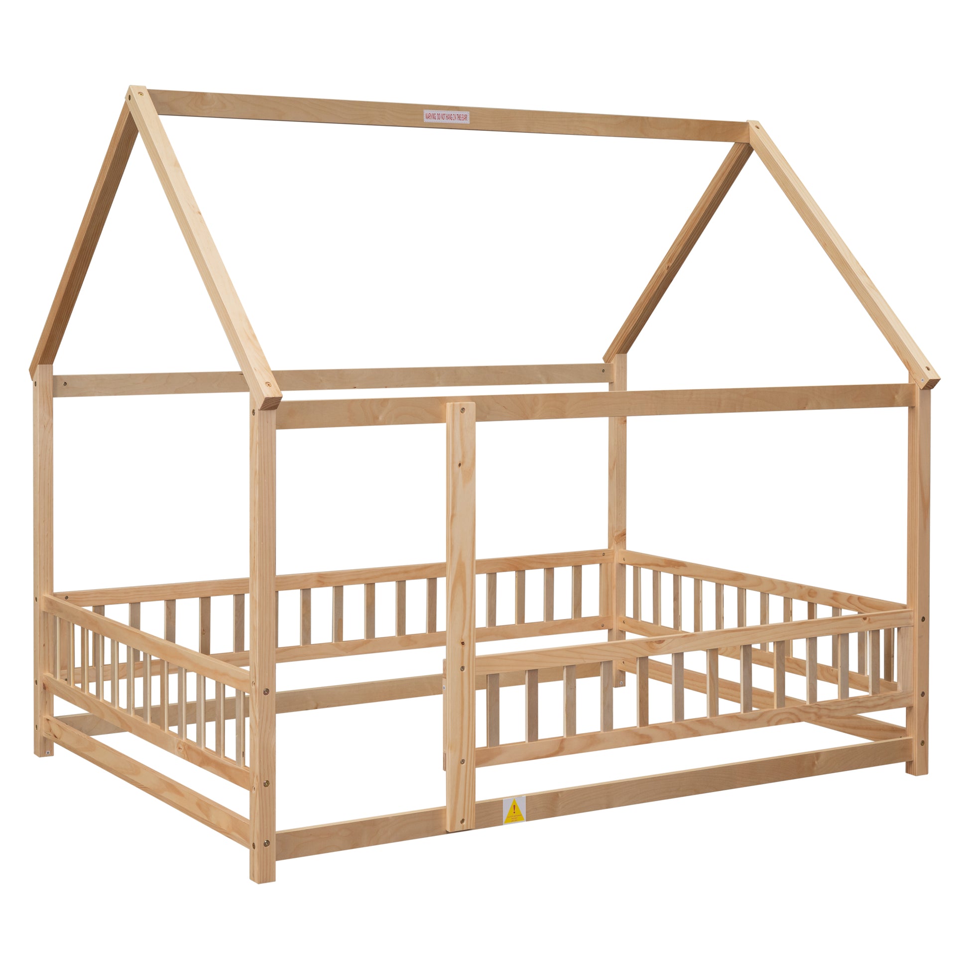 Full Size Floor Wooden Bed With House Roof Frame, Fence Guardrails ,Nartural Old Sku:W504105242 Full Natural Pine