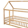 Twin Size Floor Wooden Bed With House Roof Frame, Fence Guardrails, Old Sku:W504105240 Twin Natural Pine