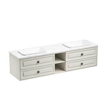 84 In. W X 23 In. D X21 In. H Double Bath Vanity In With White Carrara Top With White Sink Khaki Abs Steel Q235 Wood Pvc