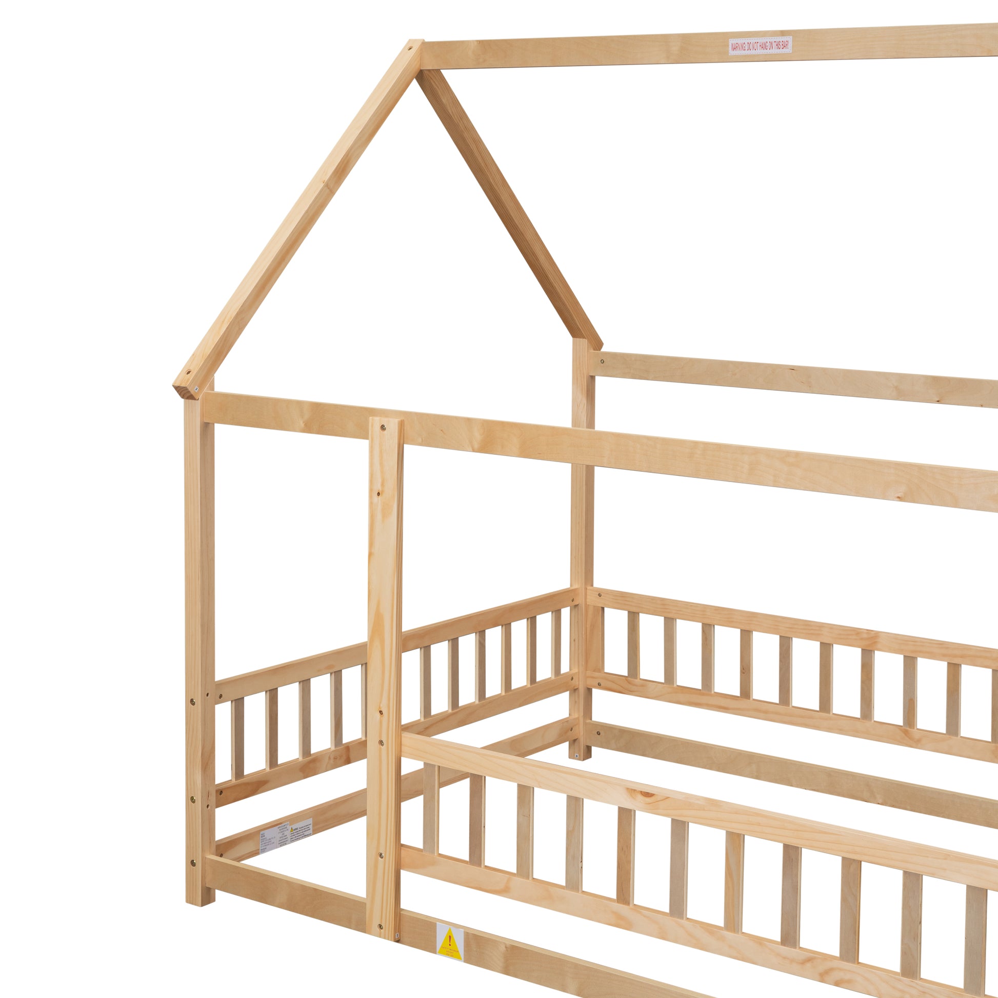 Full Size Floor Wooden Bed With House Roof Frame, Fence Guardrails ,Nartural Old Sku:W504105242 Full Natural Pine