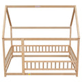 Full Size Floor Wooden Bed With House Roof Frame, Fence Guardrails ,Nartural Old Sku:W504105242 Full Natural Pine