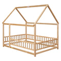 Full Size Floor Wooden Bed With House Roof Frame, Fence Guardrails ,Nartural Old Sku:W504105242 Full Natural Pine