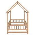 Twin Size Floor Wooden Bed With House Roof Frame, Fence Guardrails, Old Sku:W504105240 Twin Natural Pine