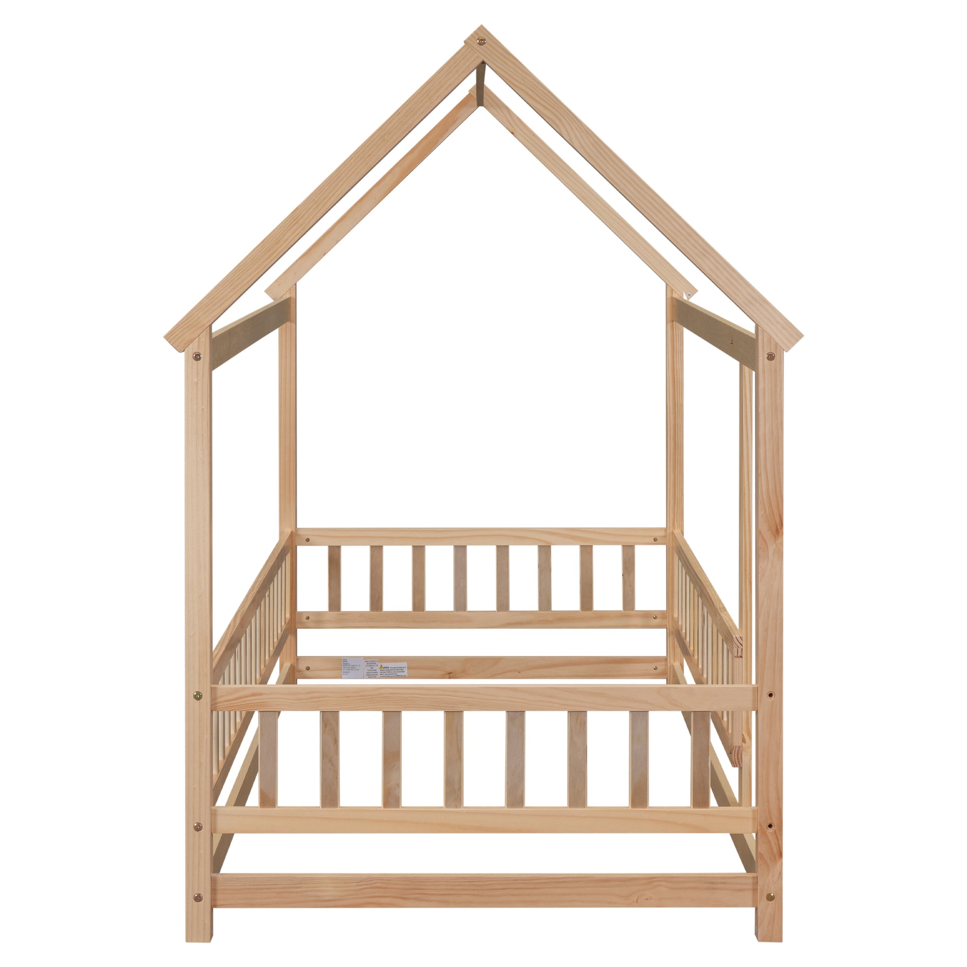 Twin Size Floor Wooden Bed With House Roof Frame, Fence Guardrails, Old Sku:W504105240 Twin Natural Pine