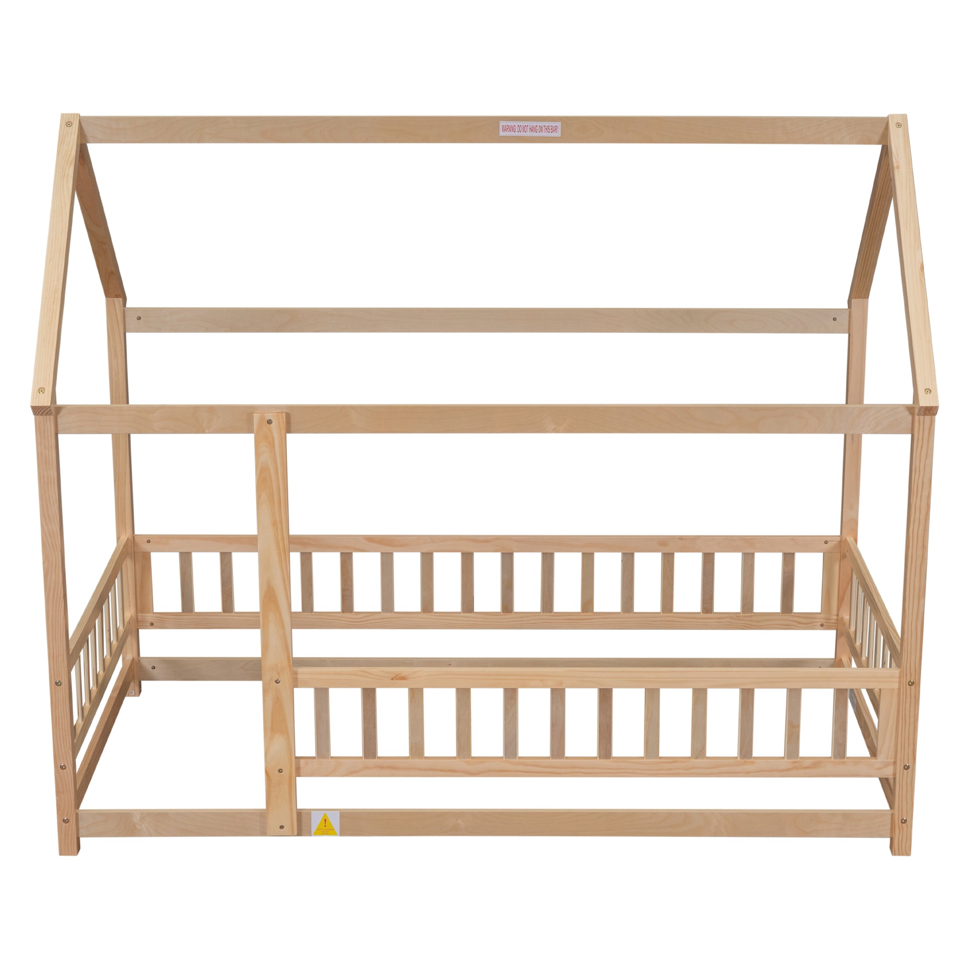 Twin Size Floor Wooden Bed With House Roof Frame, Fence Guardrails, Old Sku:W504105240 Twin Natural Pine