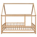 Full Size Floor Wooden Bed With House Roof Frame, Fence Guardrails ,Nartural Old Sku:W504105242 Full Natural Pine