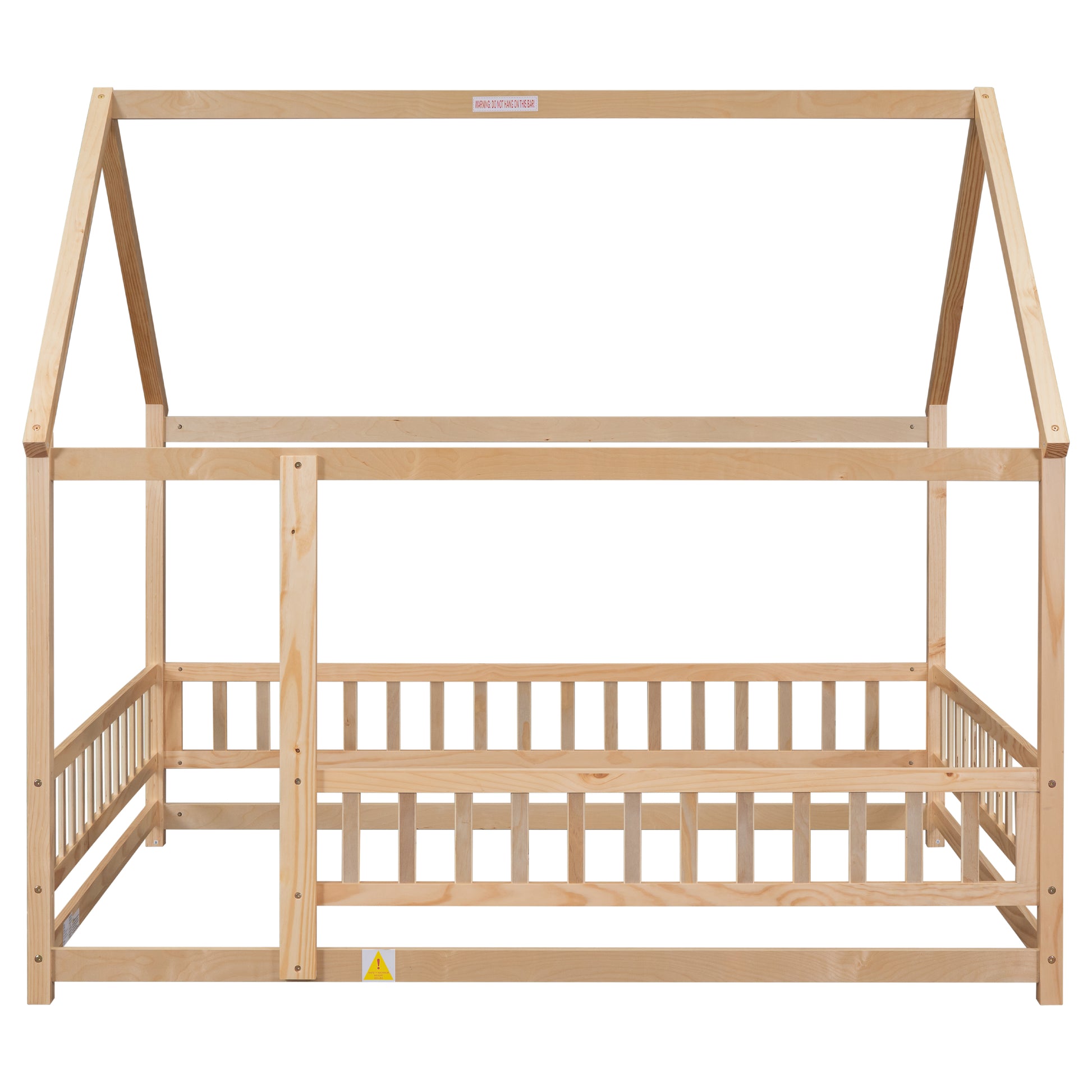 Full Size Floor Wooden Bed With House Roof Frame, Fence Guardrails ,Nartural Old Sku:W504105242 Full Natural Pine