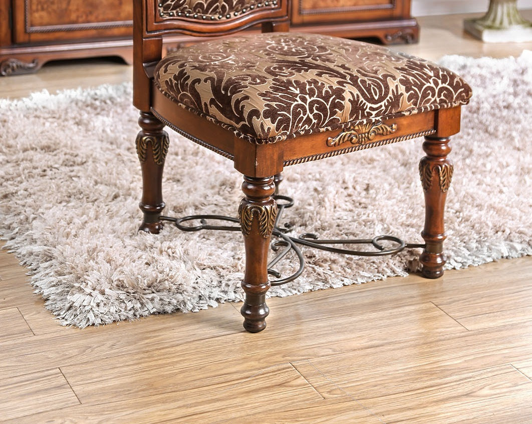 Traditional Fancy Set Of 2Pcs Side Chairs Brown Cherry Solid Wood Intricate Carved Details Floral Design Print Fabric Seats Formal Dining Room Furniture Brown Brown Dining Room Traditional Dining Chairs Solid Wood