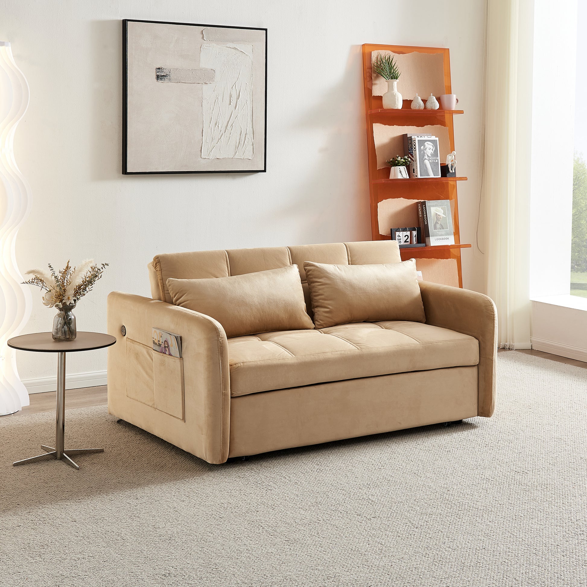 55.5"Twins Pull Out Sofa Bed Khaki Velvet Khaki Foam Velvet
