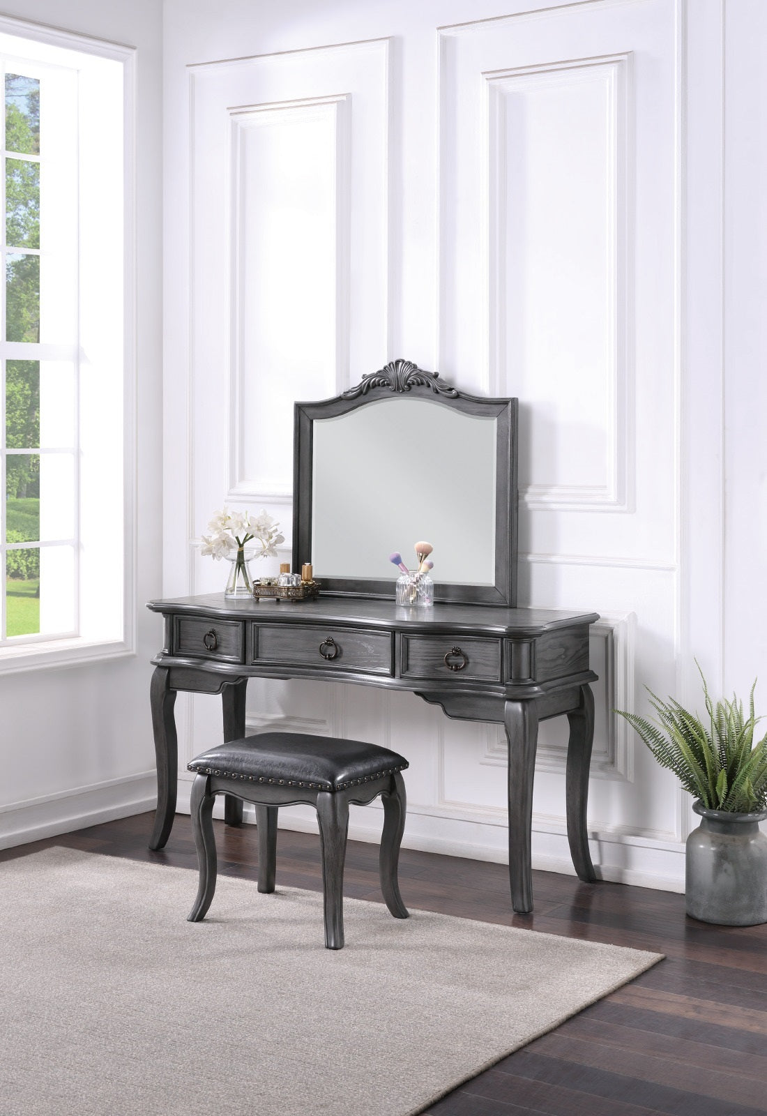 Contemporary Grey Finish Vanity Set W Stool Retro Style Drawers Cabriole Tapered Legs Mirror W Floral Crown Molding Bedroom Furniture Grey Gray Bedroom Contemporary Poplar Rubber Wood