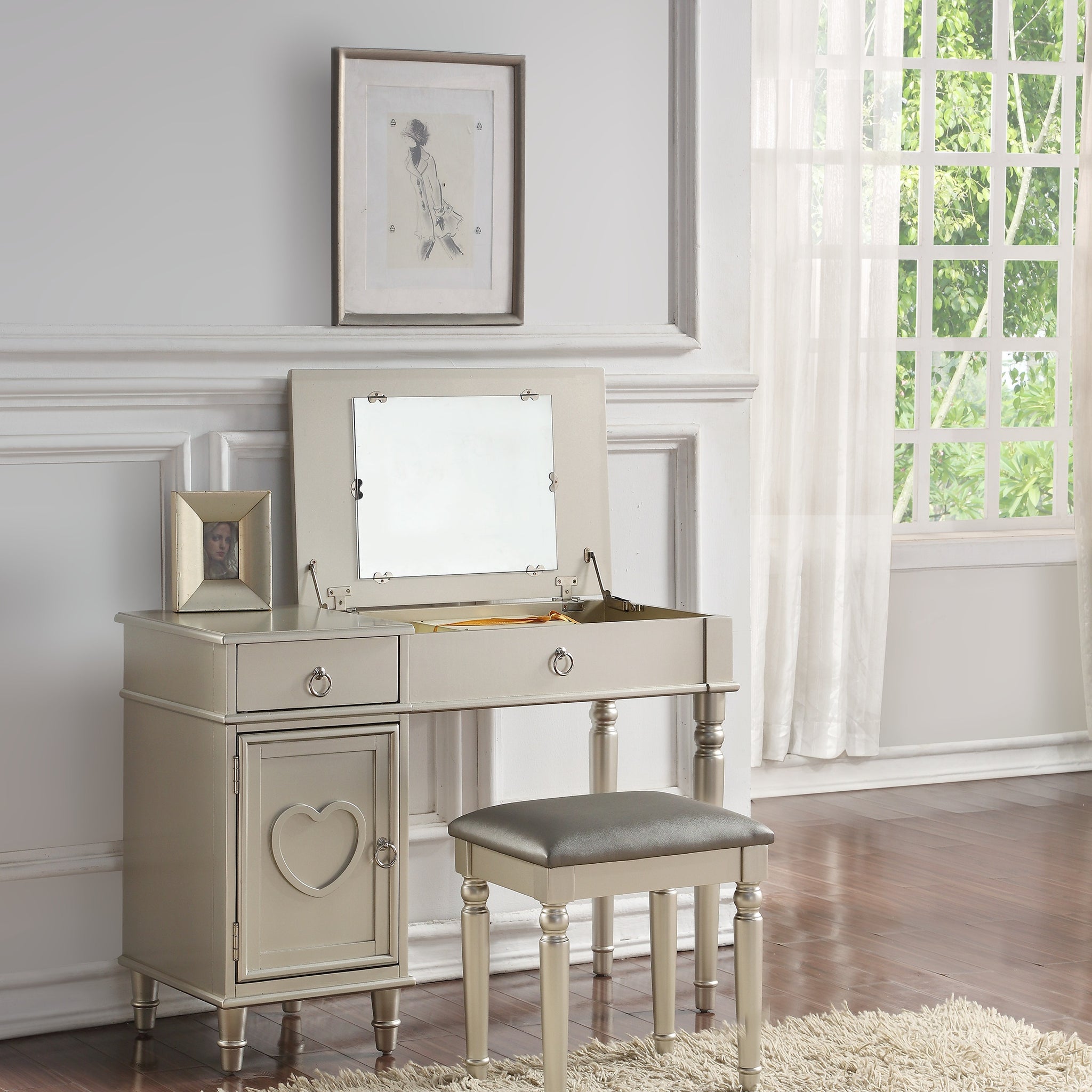 Bedroom Vanity Set W Stool Open Up Mirror Storage Space Drawers Rubber Wood Ring Pull Handles Silver Color Vanity Silver Bedroom Traditional Poplar Rubber Wood