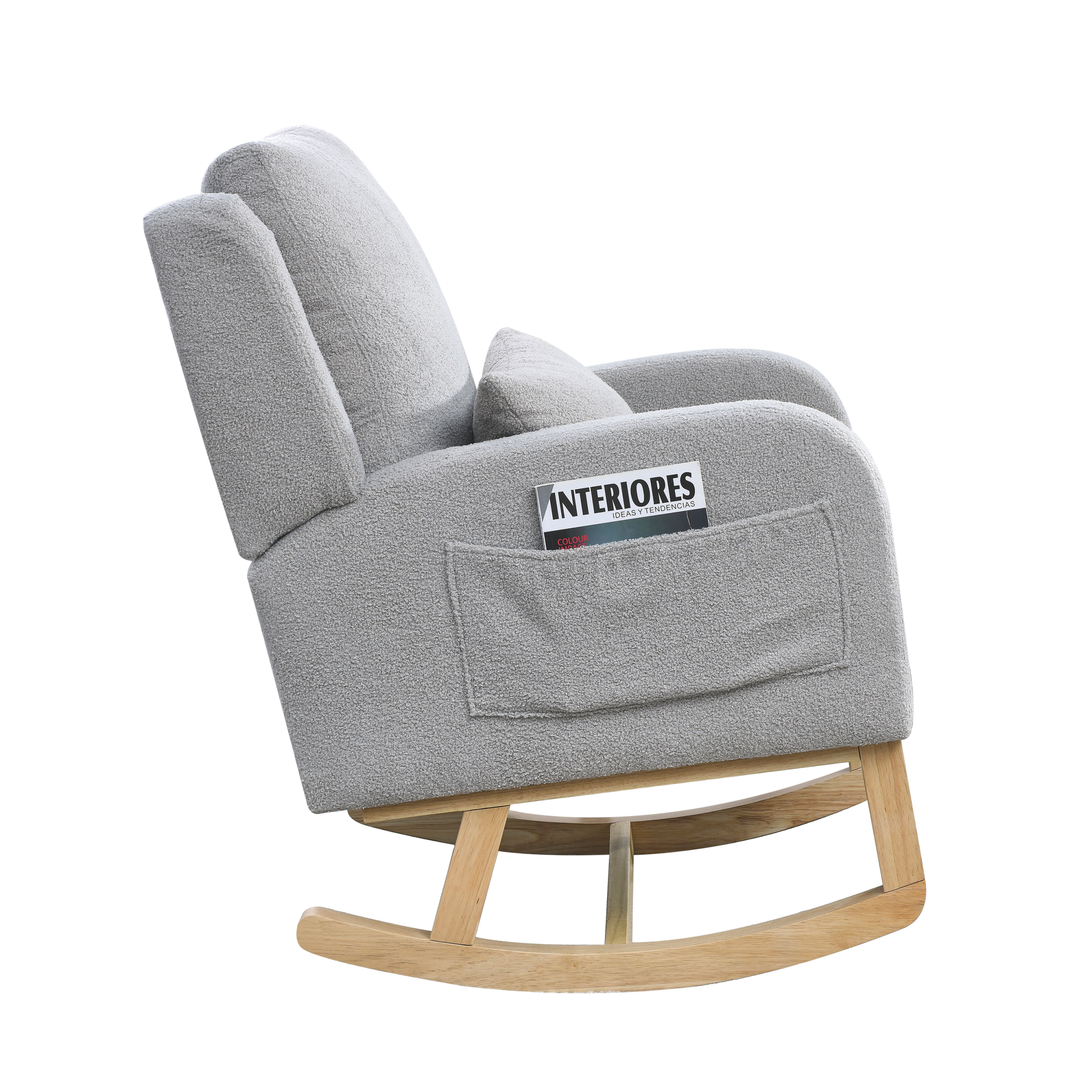 Video Welike 27.5 "W Modern Accent High Back Living Room Casual Armchair Rocker With One Lumbar Pillow, Two Side Pockets,Teddy. Grey Teddy Foam Fabric