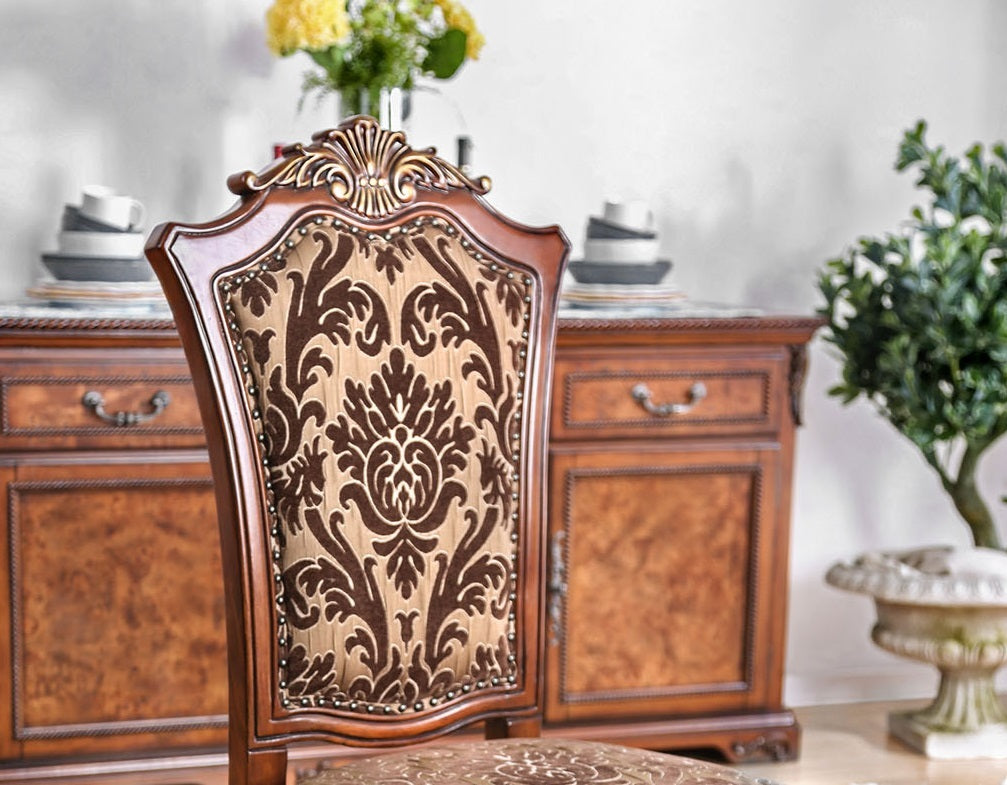 Traditional Fancy Set Of 2Pcs Side Chairs Brown Cherry Solid Wood Intricate Carved Details Floral Design Print Fabric Seats Formal Dining Room Furniture Brown Brown Dining Room Traditional Dining Chairs Solid Wood