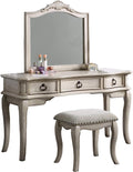 Contemporary Antique White Color Vanity Set W Stool Retro Style Drawers Cabriole Tapered Legs Mirror W Floral Crown Molding Bedroom Furniture Antique White Bedroom Contemporary Poplar Rubber Wood