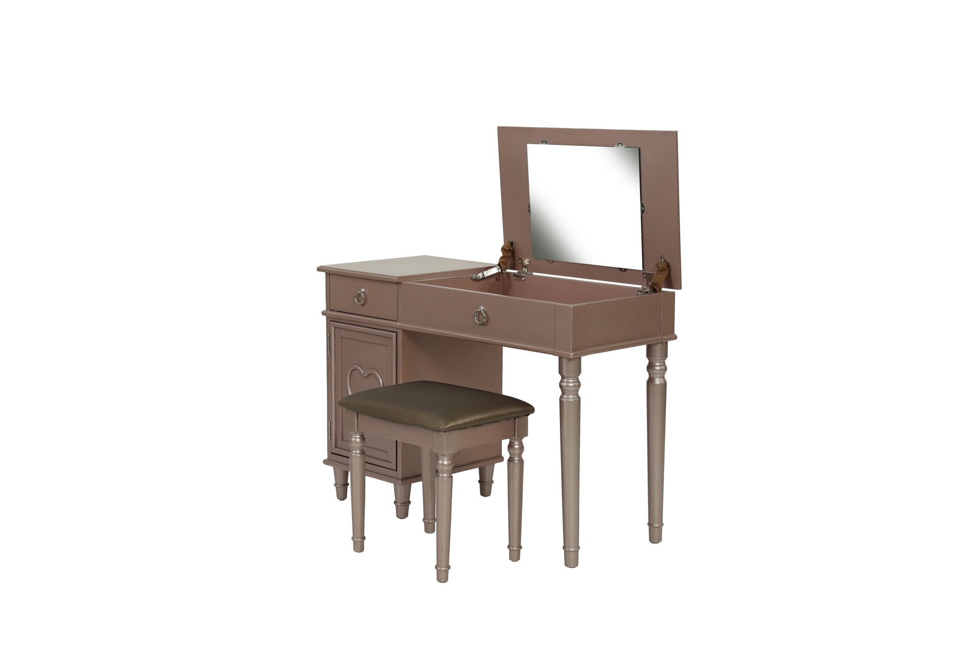 Bedroom Vanity Set W Stool Open Up Mirror Storage Space Drawers Rubber Wood Ring Pull Handles Rose Gold Color Vanity Rose Gold Bedroom Traditional Poplar Rubber Wood