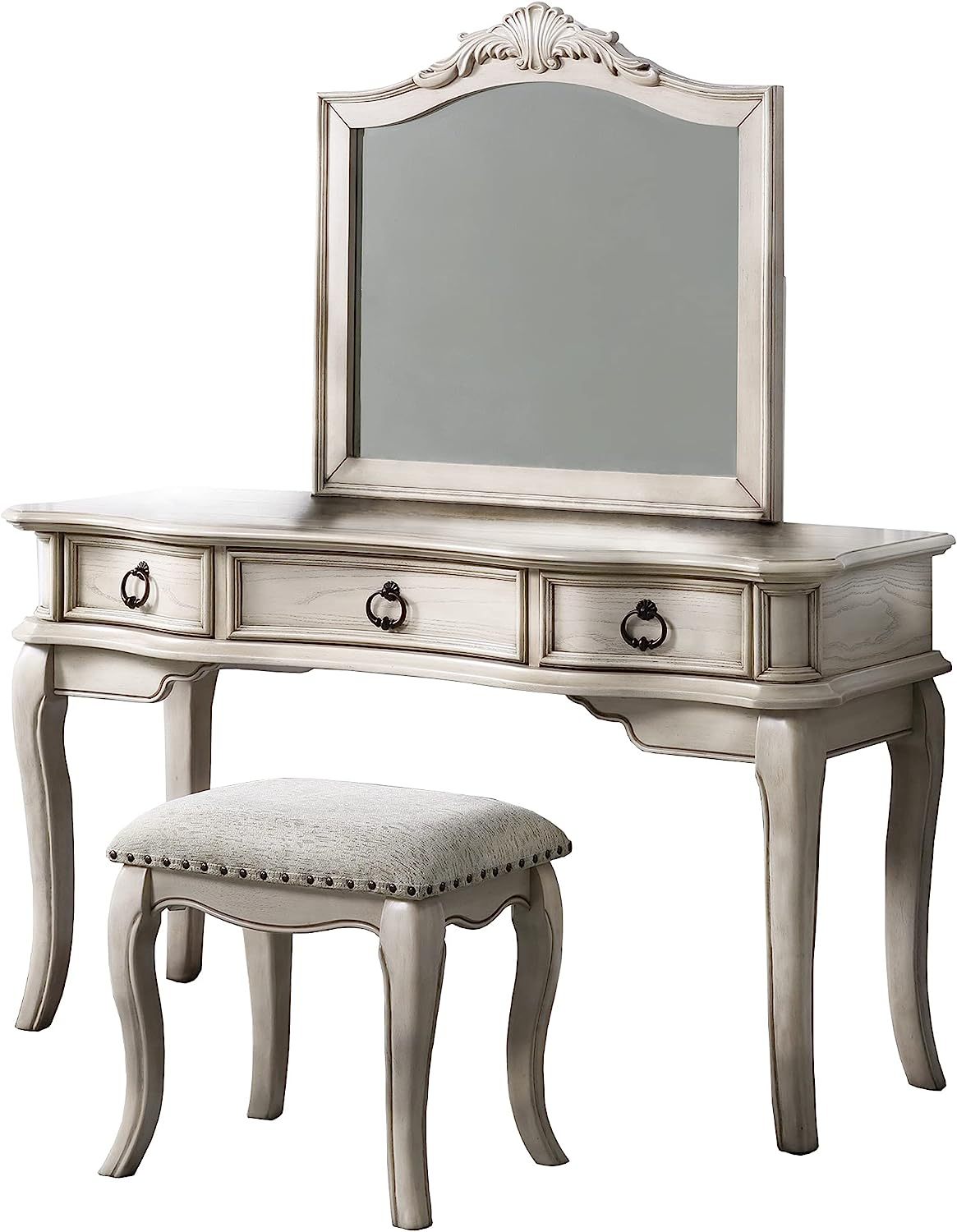 Contemporary Antique White Color Vanity Set W Stool Retro Style Drawers Cabriole Tapered Legs Mirror W Floral Crown Molding Bedroom Furniture Antique White Bedroom Contemporary Poplar Rubber Wood